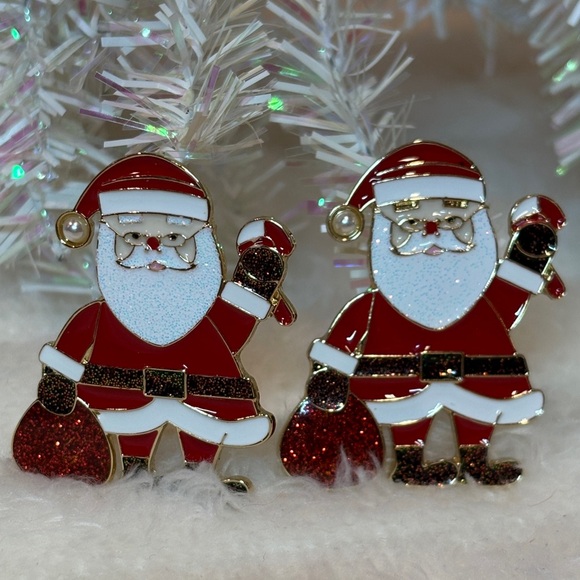 Jewelry - Holiday Santa Enamel Dangle Earrings Red Glitter Christmas Jewelry